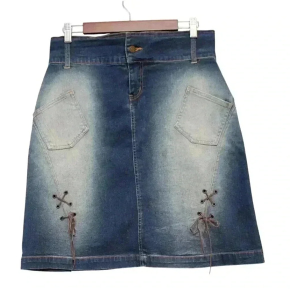 Vintage Y2K Denim Skirt Size 14 A-Line Boho Grunge Stretch Lace Stitching 90s - Picture 1 of 11